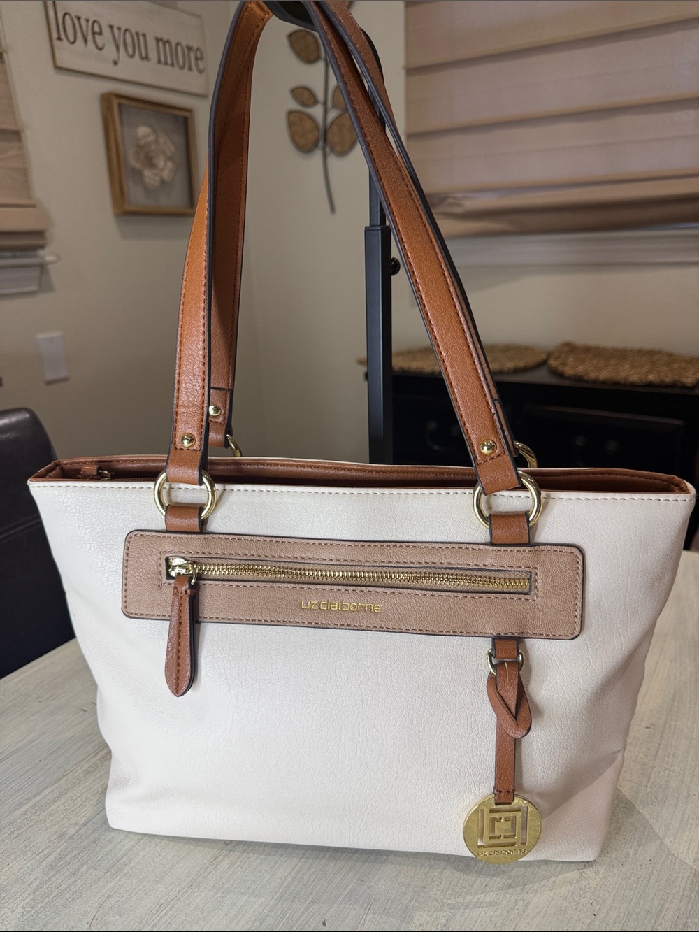 Liz Claiborne Cream Tote with Tan Trim and Brown Handles